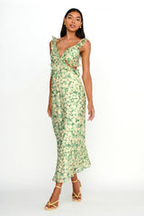 Second Chances Ruffle Trim Maxi Dress Flowers Green