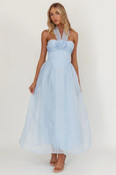 Elvera Rose Bust Halter Midi Dress Blue