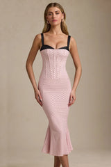 Layered Bra-Detail Fishtail Midaxi Dress in Pink Polka Dot