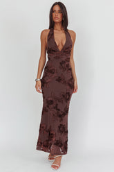 Cipriana Backless Halter Maxi Dress Embellished Brown