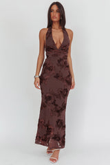 Cipriana Backless Halter Maxi Dress Embellished Brown