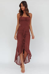 Kamilah Gathered Cascading Ruffle Midi Dress Maroon
