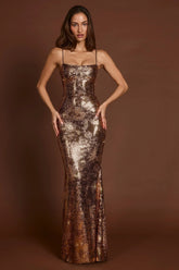Embellished Straight-Neck Maxi Dress in Black Gold Foil