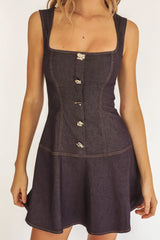 Big Plans Button Front Mini Dress Denim Indigo