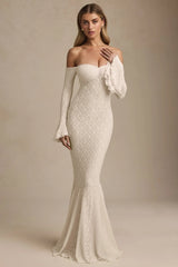 Off-Shoulder Ruffle Lace Maxi Dress in Ivory