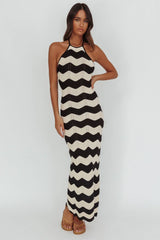 Yelena Halter Neck Knit Maxi Dress Zig-Zag Cream