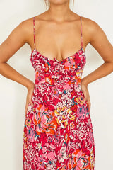 Malibu Gathered Bust Cami Strap Midi Dress Floral Red