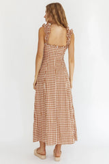 Warrior Sun Frill Strap Maxi Dress Tan Check