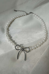 Daydream Bow Accent Pearl Necklace Silver