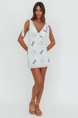 Mykonos Morning Tied Shoulder Mini Dress Bows Blue