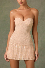 Embellished Sweetheart-Neck A-Line Mini Dress in Apricot