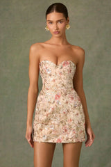 Embellished Strapless A-Line Mini Dress in Floral Beige