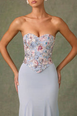 Embellished Corset Fishtail Gown In Floral Blue
