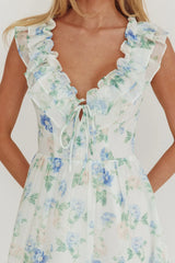 Spring Harvest Frill Neckline Maxi Dress Floral Blue