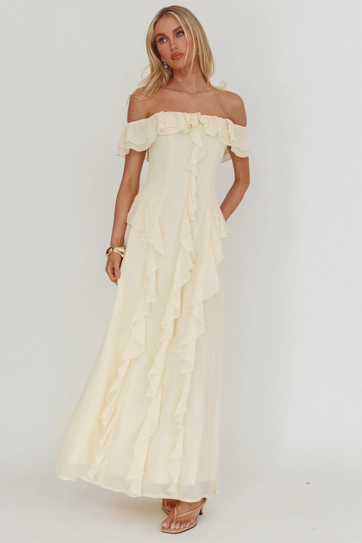 Scarlet Off-Shoulder Ruffle Trim Maxi Dress Butter