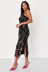 Bold Botanicals Black Floral Embroidered Strapless Midi Dress