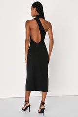 Keep It Interesting Black Asymmetrical Cutout Halter Midi Dress