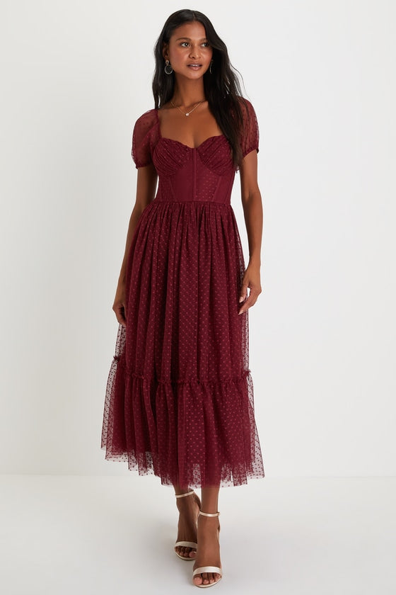 Sweet Amor Burgundy Tulle Swiss Dot Tiered Bustier Midi Dress