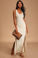 Relaxed but Not Least Beige Ribbed Sleeveless Maxi Dress