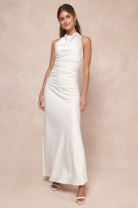 Effortlessly Sensational White Satin Backless Maxi Dress