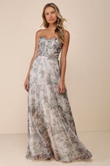 Most Beautiful Day Ivory Multi Floral Print Organza Maxi Dress