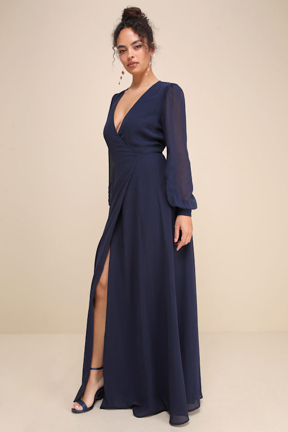 My Whole Heart Dark Navy Blue Long Sleeve Wrap Dress