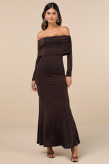 Effortlessly Stunning Dark Brown Off-the-Shoulder Maxi Dress