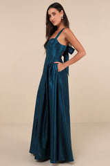 Immaculate Aura Shiny Dark Teal Taffeta Maxi Dress With Pockets