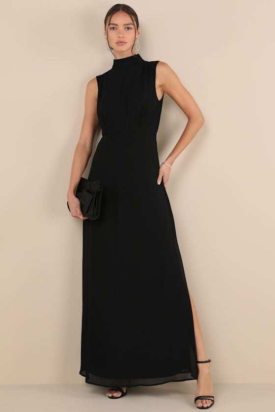 Classic Elegance Black Chiffon Sleeveless Mock Neck Maxi Dress