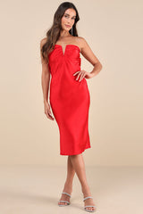Luxe Crush Red Satin Rhinestone Bow Strapless Midi Dress
