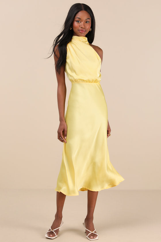 Distinctive Charm Yellow Satin Asymmetrical Midi Dress