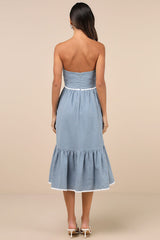 Delightful Design Dusty Blue Polka Dot Midi Dress With Pockets