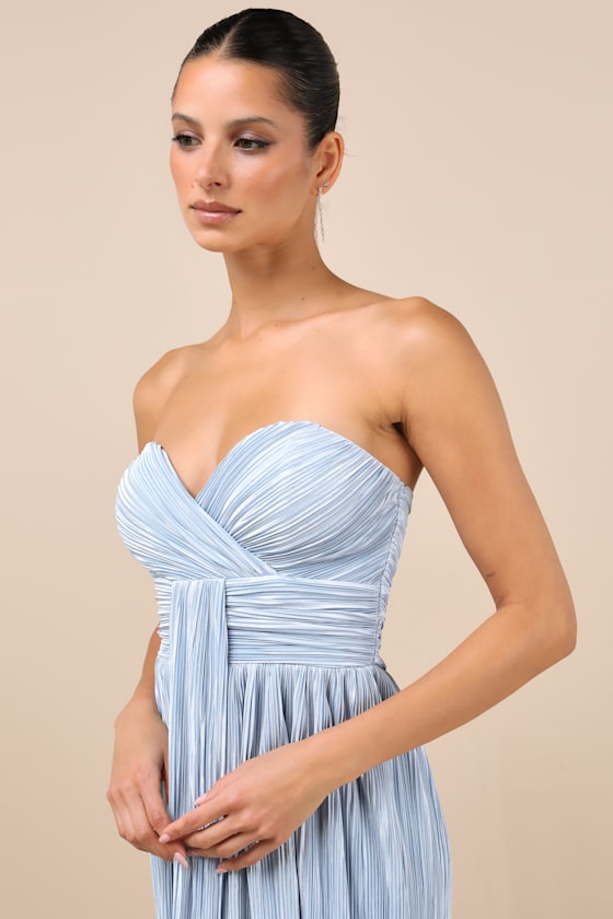 Oswin Light Blue Satin Plisse Strapless Maxi Dress