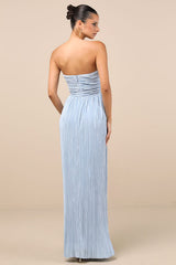 Oswin Light Blue Satin Plisse Strapless Maxi Dress