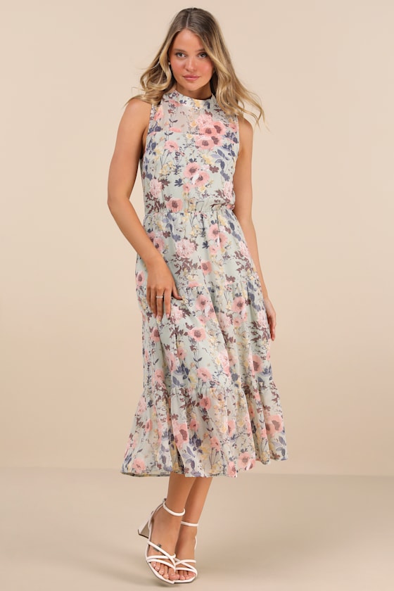 In My Dreams Sage Floral Print Midi Dress