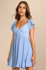 Amalfi Coast Light Blue Pleated Flutter Sleeve Mini Dress