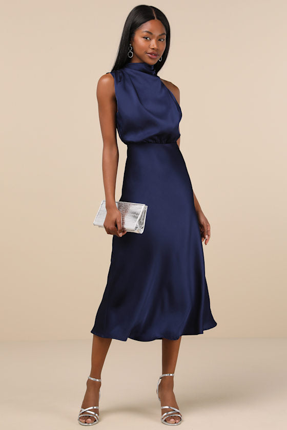 Distinctive Charm Navy Satin Asymmetrical Midi Dress