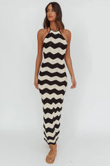 Yelena Halter Neck Knit  Maxi Dress Zig-Zag Cream
