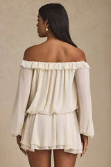Off-Shoulder Asymmetric Balloon-Sleeve Mini Dress in Ivory