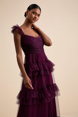 Pure Radiance Plum Purple Mesh Swiss Dot Tiered Maxi Dress