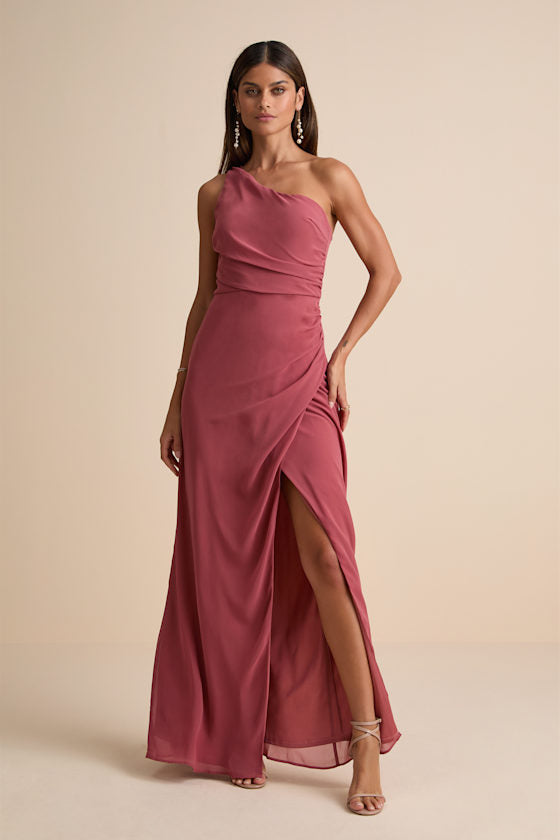 Adeline Rusty Rose One-Shoulder Scarf Maxi Dress