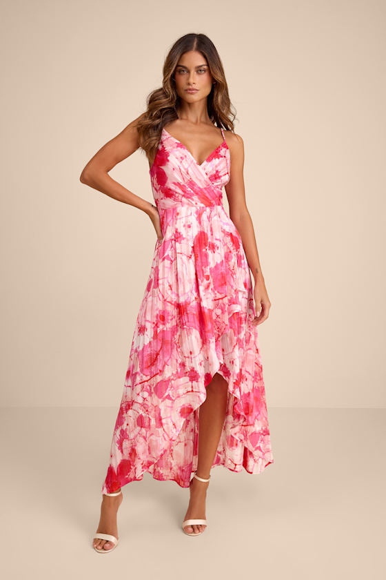 An Enchanting Dream Pink Multi Print High-Low Maxi Dress