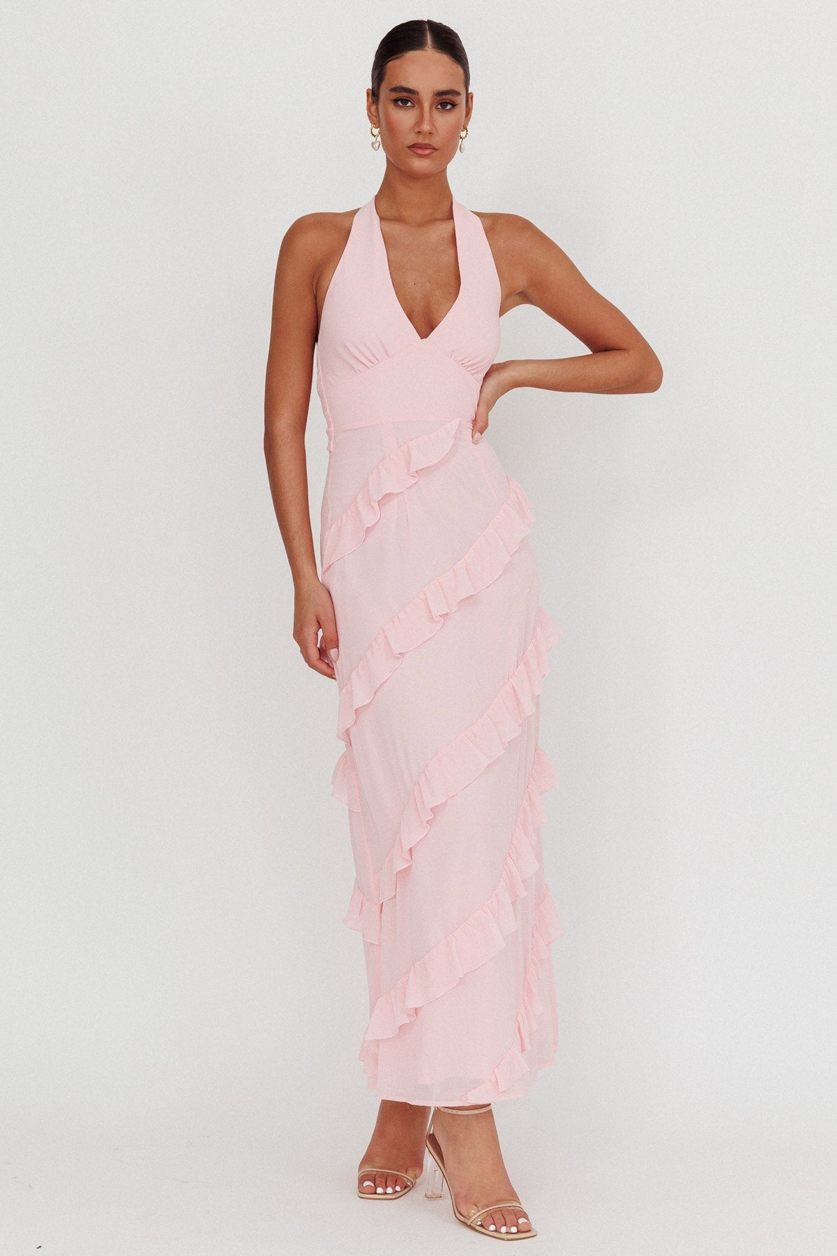 Flirt Frill Trim Halter Maxi Dress Blush
