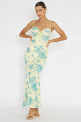 Fortune Lace Trim Mesh Midi Dress Yellow