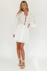 Flossy Eyelet Overlay Tie Mini Dress White