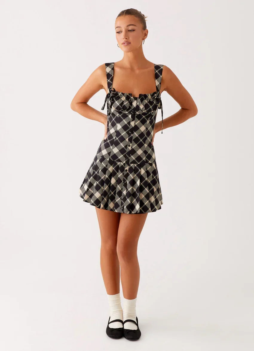 Tuni Cotton Mini Dress - Taupe Check