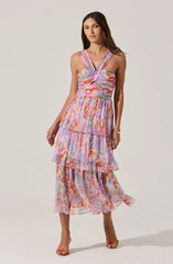 Tiered Floral Cutout Midi Dress