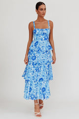 Provence Bloom Tiered Floral Maxi Dress Blue