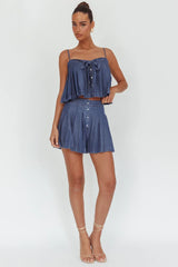 Country Girl Pleated High Waist Shorts Dark Denim