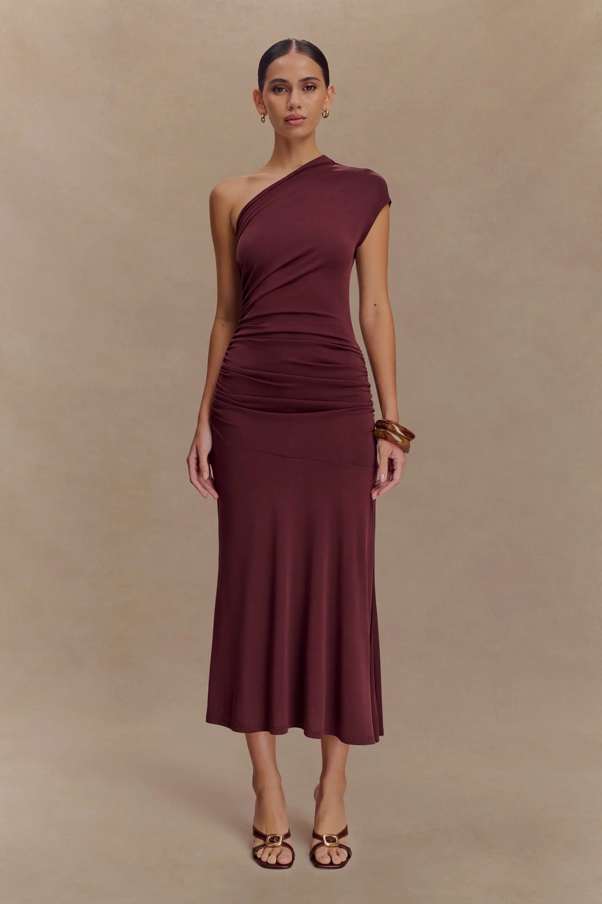 Chloe Peached Jersey One Shoulder Midi Dress - Mahogany